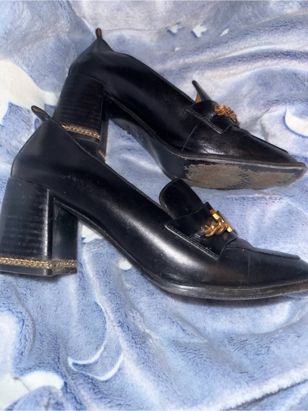Tory Burch Black Leather Block Heel Loafers with Gold Chain